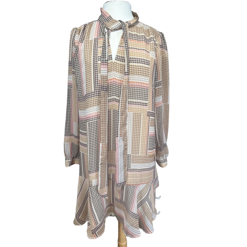 Women's LOFT Dress XL Brown & Pink Houndstooth Patterned